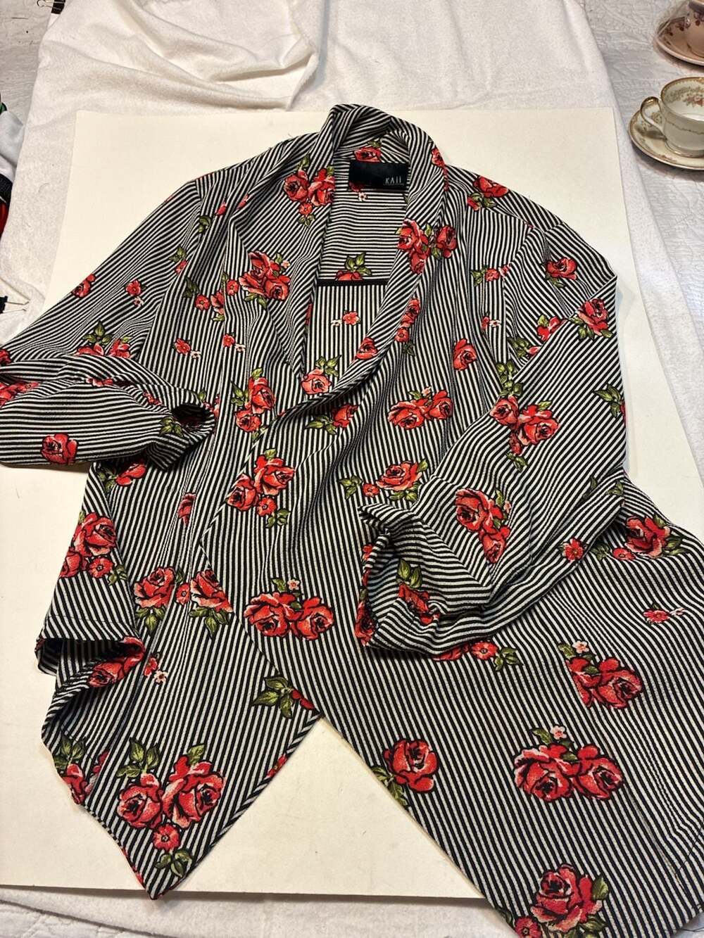 Kaii Los Angeles California Black and White Striped Floral Print Open Front Jack
